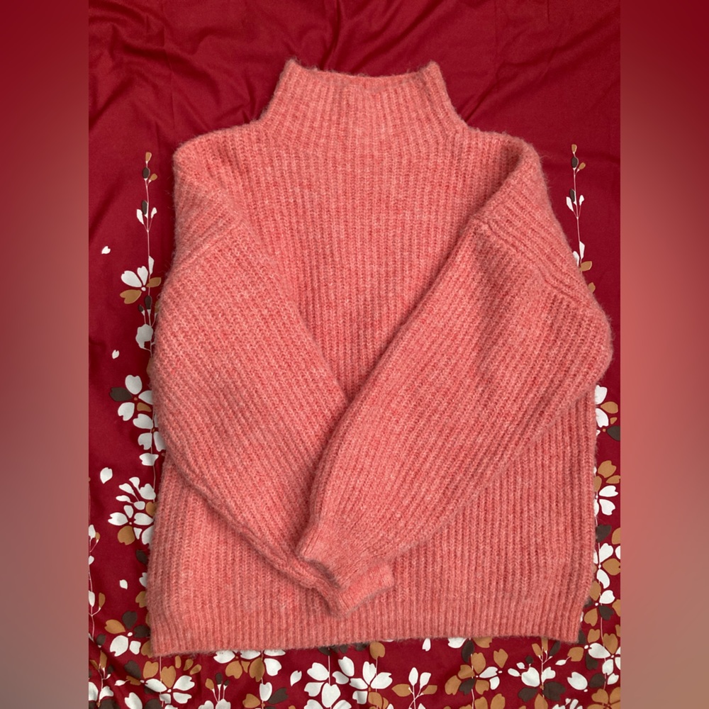 ASOS DESIGN high neck sweater in fluffy yarn in pink